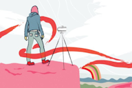 Illustration of a person standing on a pink cliff, facing swirling red lines and a rainbow.